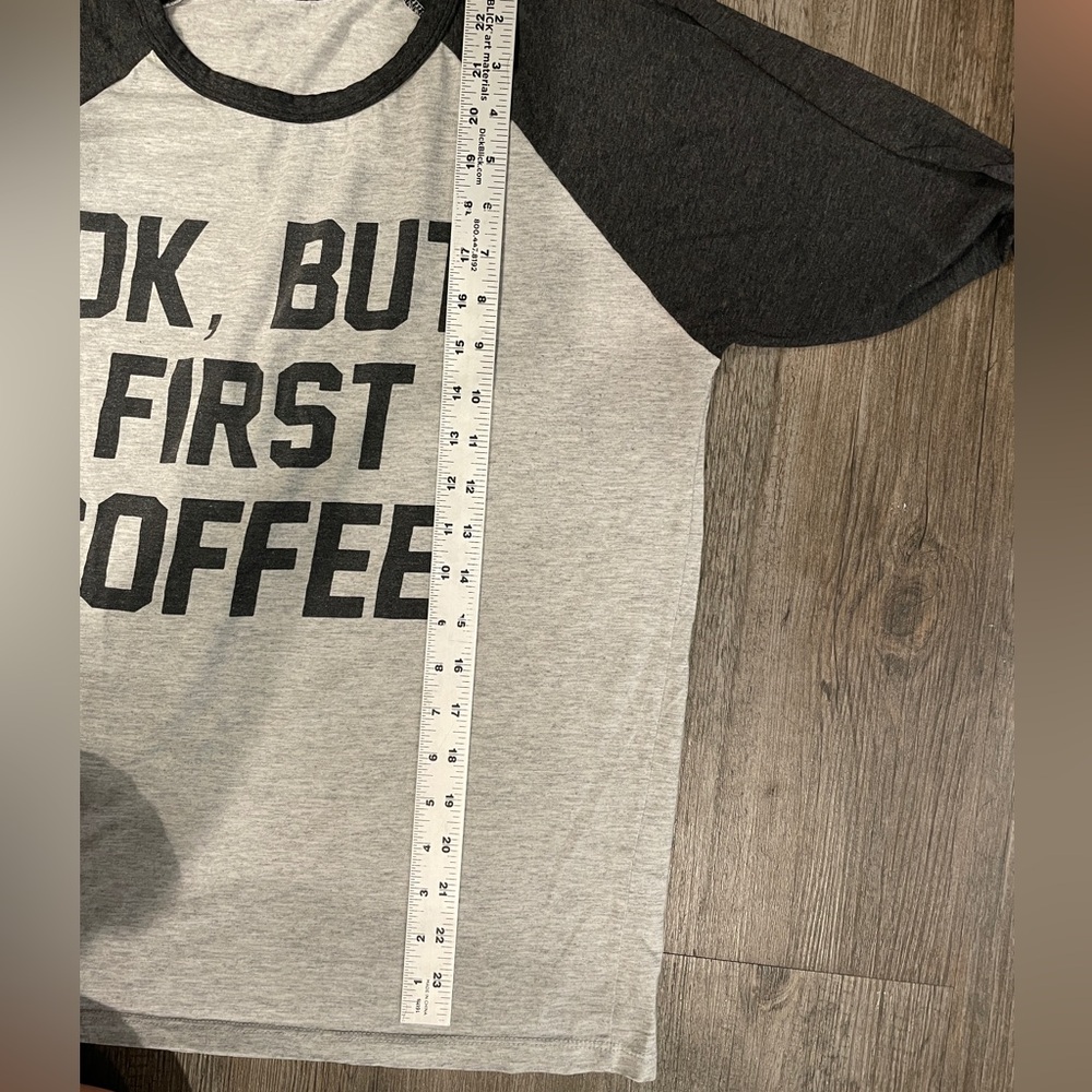But First Coffee Graphic 3/4 Sleeve Light & Charcoal Gray Tee - Picture 5 of 6